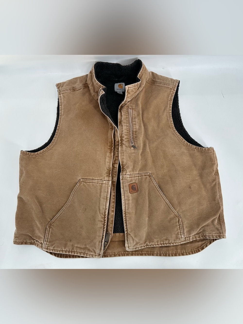 Carhartt Vest Mens XXL V33-211 Sherpa Lined Sandstone Brown Work Broken Zipper